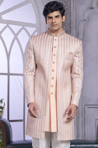 Peach Art Silk Indo Western Traditional Sherwani Kurta with Jacket & Pant for Men for Wedding - Embroidery Work - close-up view