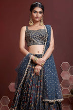 Navy Blue Banglori Silk Party Wear Lehenga Choli For Indian & Pakistani Wedding Festival - Print Work, Real Mirror Work, Embroidery Work - close-up view