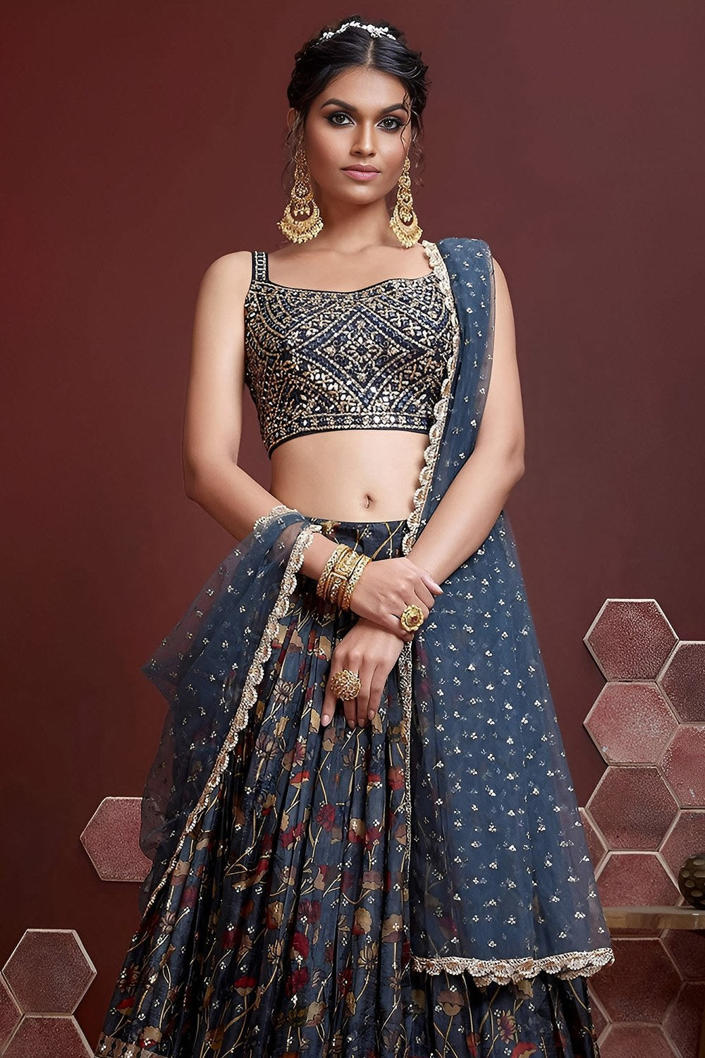 Navy Blue Banglori Silk Party Wear Lehenga Choli For Indian & Pakistani Wedding Festival - Print Work, Real Mirror Work, Embroidery Work - close-up view