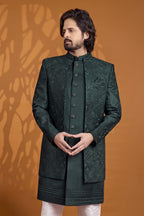 Dark Green Sherwani for Men Wedding with Thread Embroidery Work - close-up view