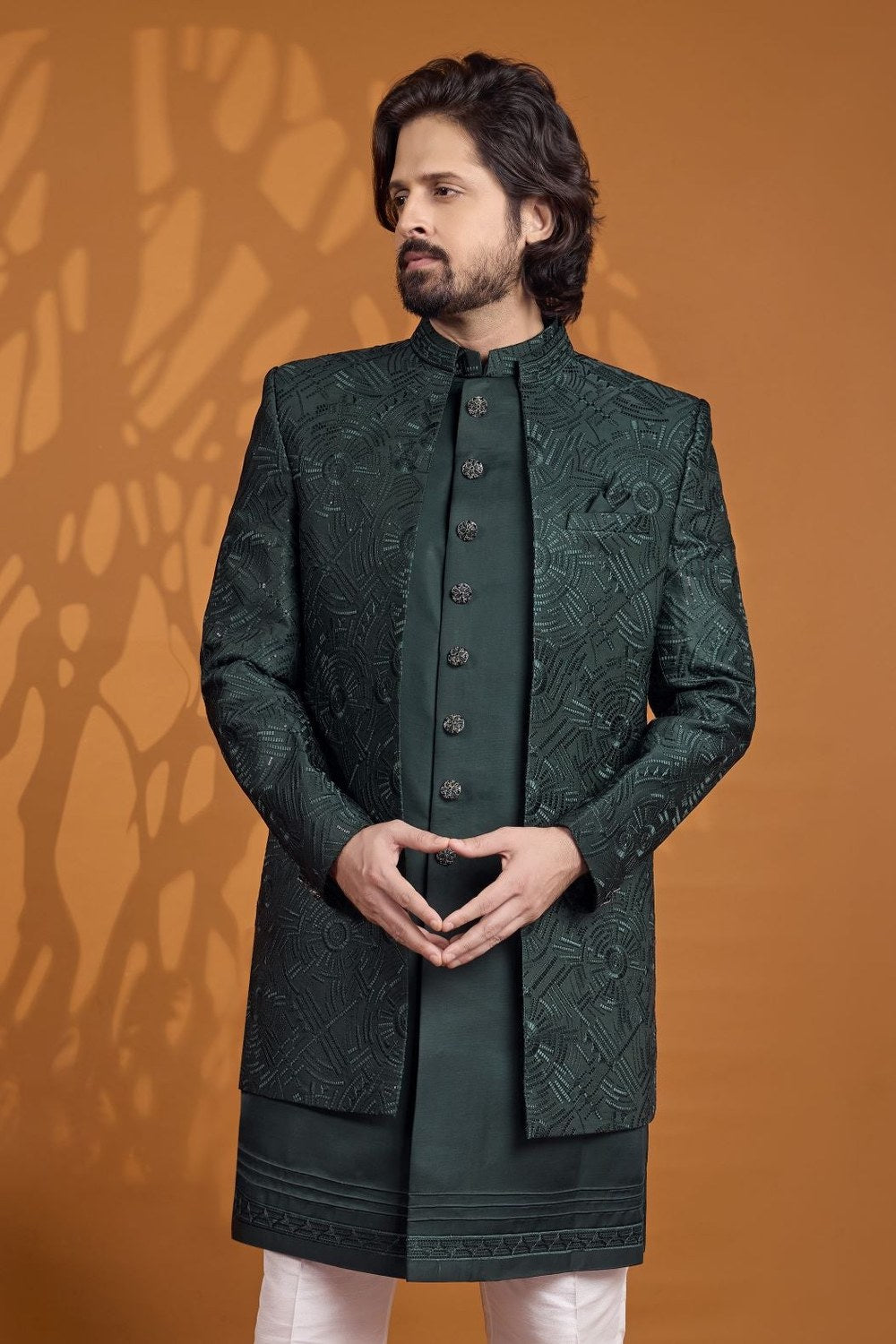 Dark Green Sherwani for Men Wedding with Thread Embroidery Work - close-up view
