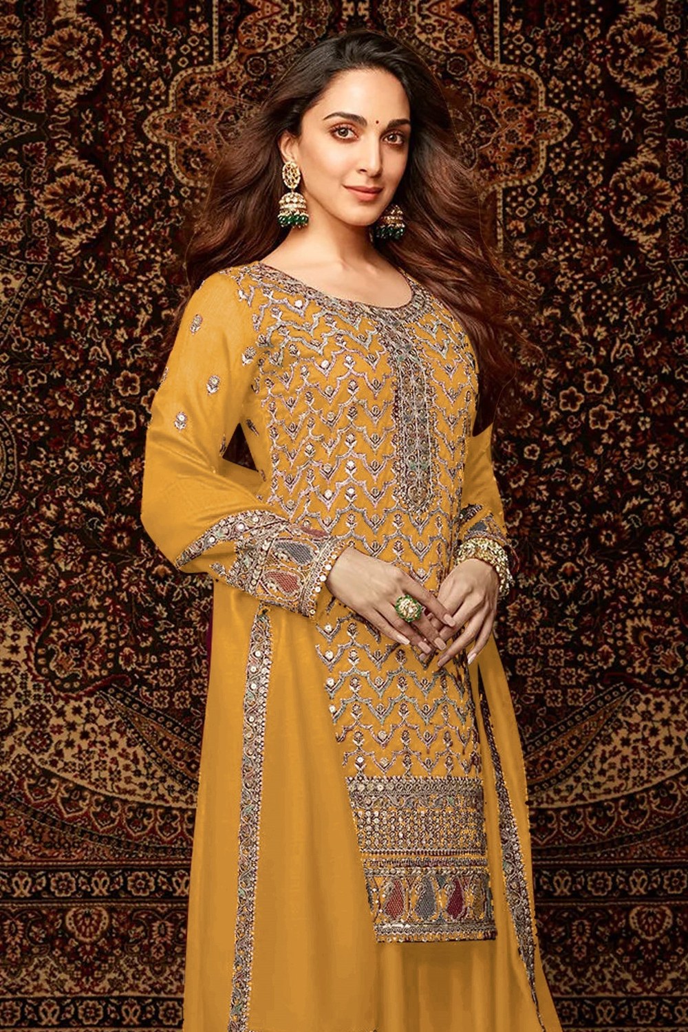 Yellow Chinon Silk Kameez With Palazzo Suit For Indian & Pakistani Wedding Festival - Thread & Sequence Embroidery - close-up view