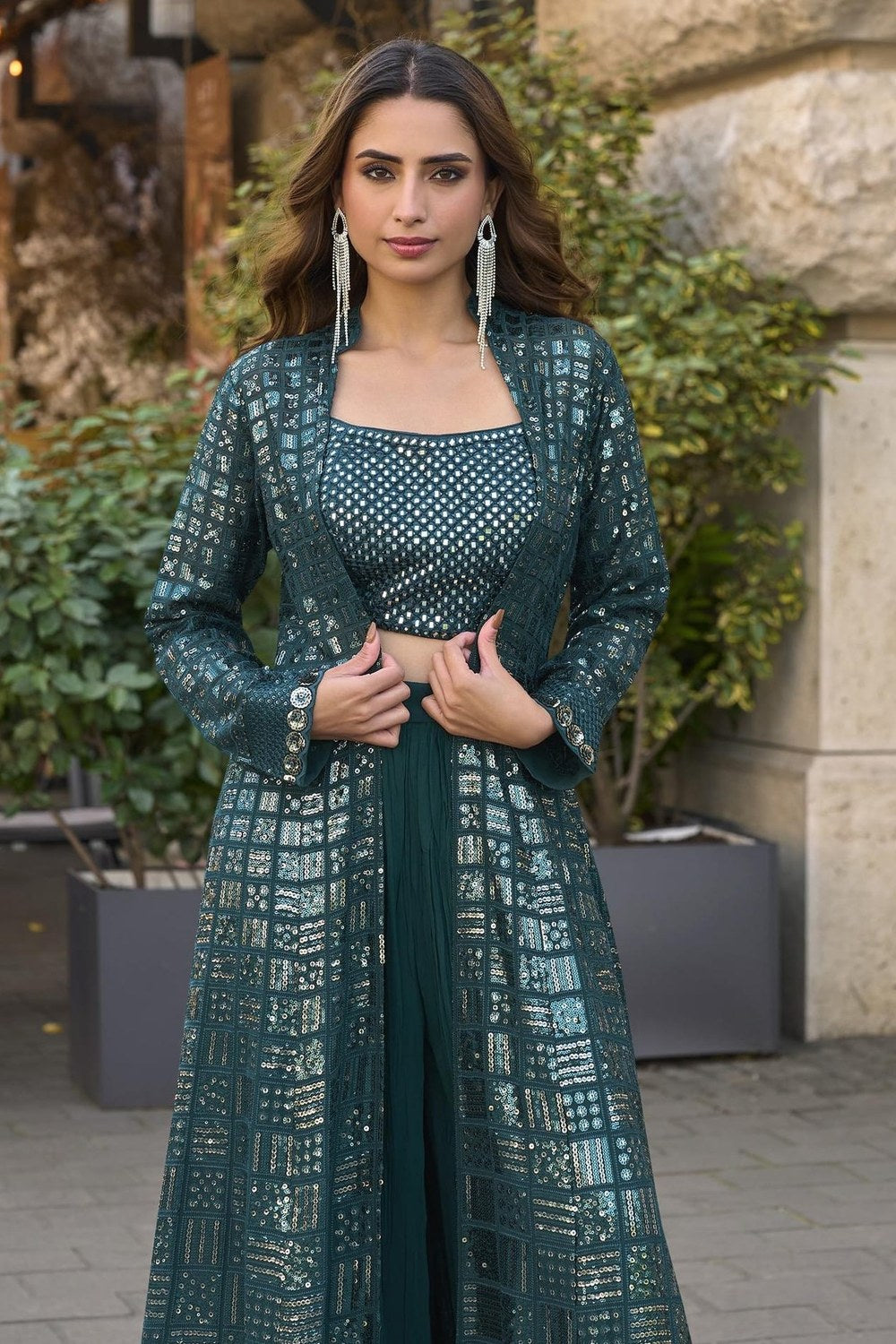 Bottle Green Georgette Plazo Choli With Jacket For Indian & Pakistani Wedding Festival - Thread & Sequins Embroidery Work - close-up view