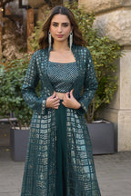 Bottle Green Georgette Plazo Choli With Jacket For Indian & Pakistani Wedding Festival - Thread & Sequins Embroidery Work - close-up view
