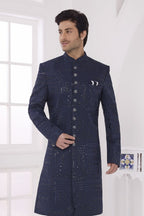Navy Blue Art Silk Thread Work Sherwani with Men's Kurta Pyjama - close-up view