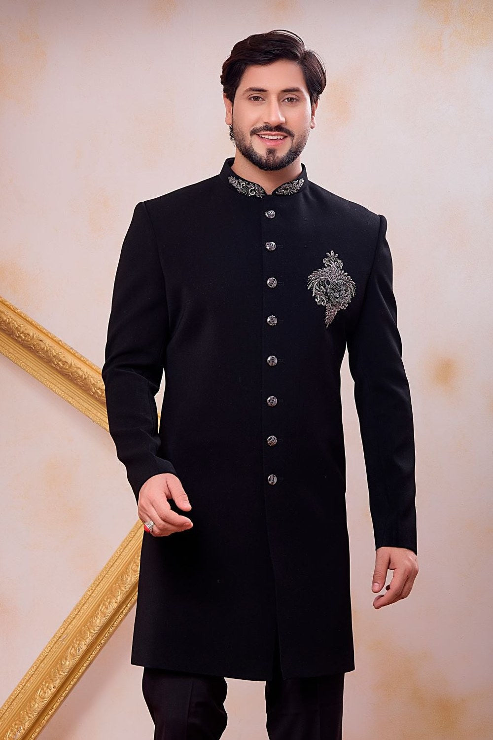 Black Indo Western Style Mens Indian Wedding Attire with Handwork - close-up view
