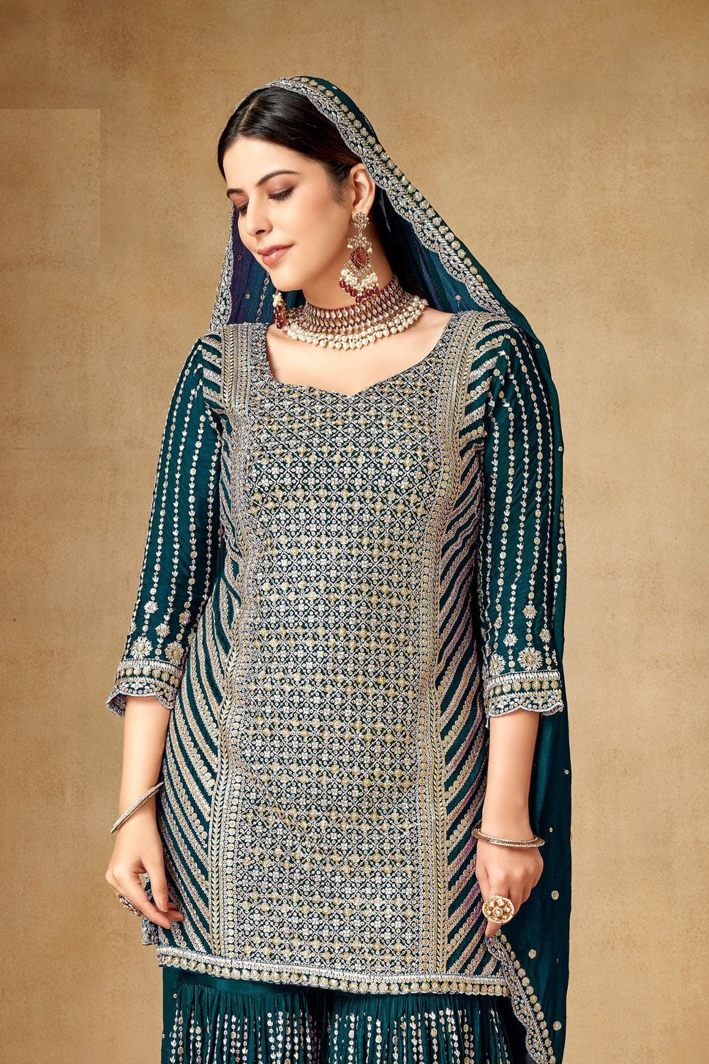 Teal Chinon Silk Gharara Dress for Engagement - Sequence Embroidery Work, Zari Work - close-up view