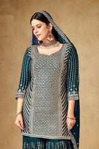 Teal Chinon Silk Gharara Dress for Engagement - Sequence Embroidery Work, Zari Work - close-up view