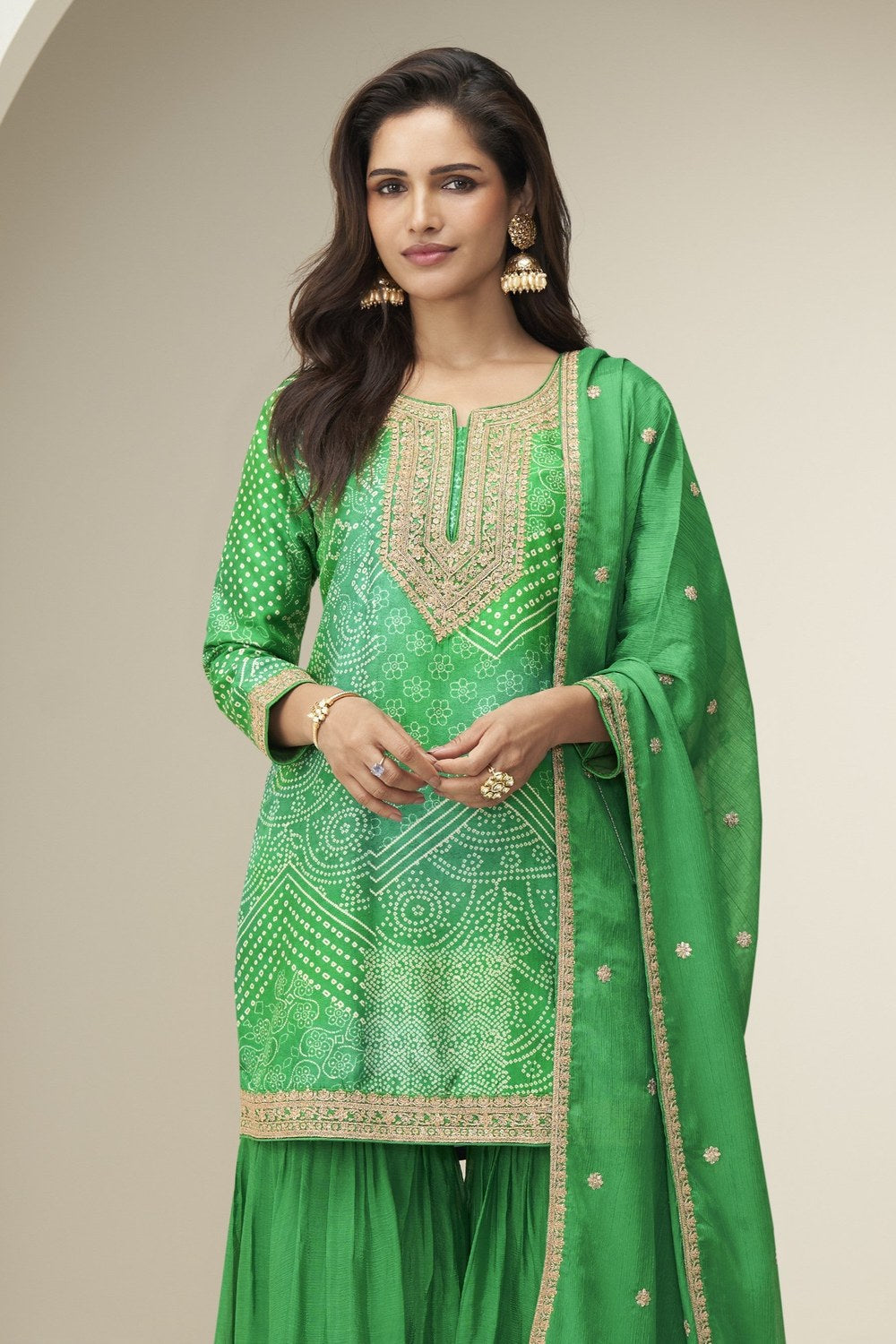 Green Chinon Silk Plazo Suit For Indian & Pakistani Wedding Festival - Embroidery Work, Print Work - close-up view