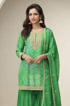Green Chinon Silk Plazo Suit For Indian & Pakistani Wedding Festival - Embroidery Work, Print Work - close-up view
