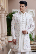 Cream Art Silk Indo Western Suit Long Kurta with Jacket, Pant & Dupatta for Men for Wedding - Thread Embroidery Work - close-up view