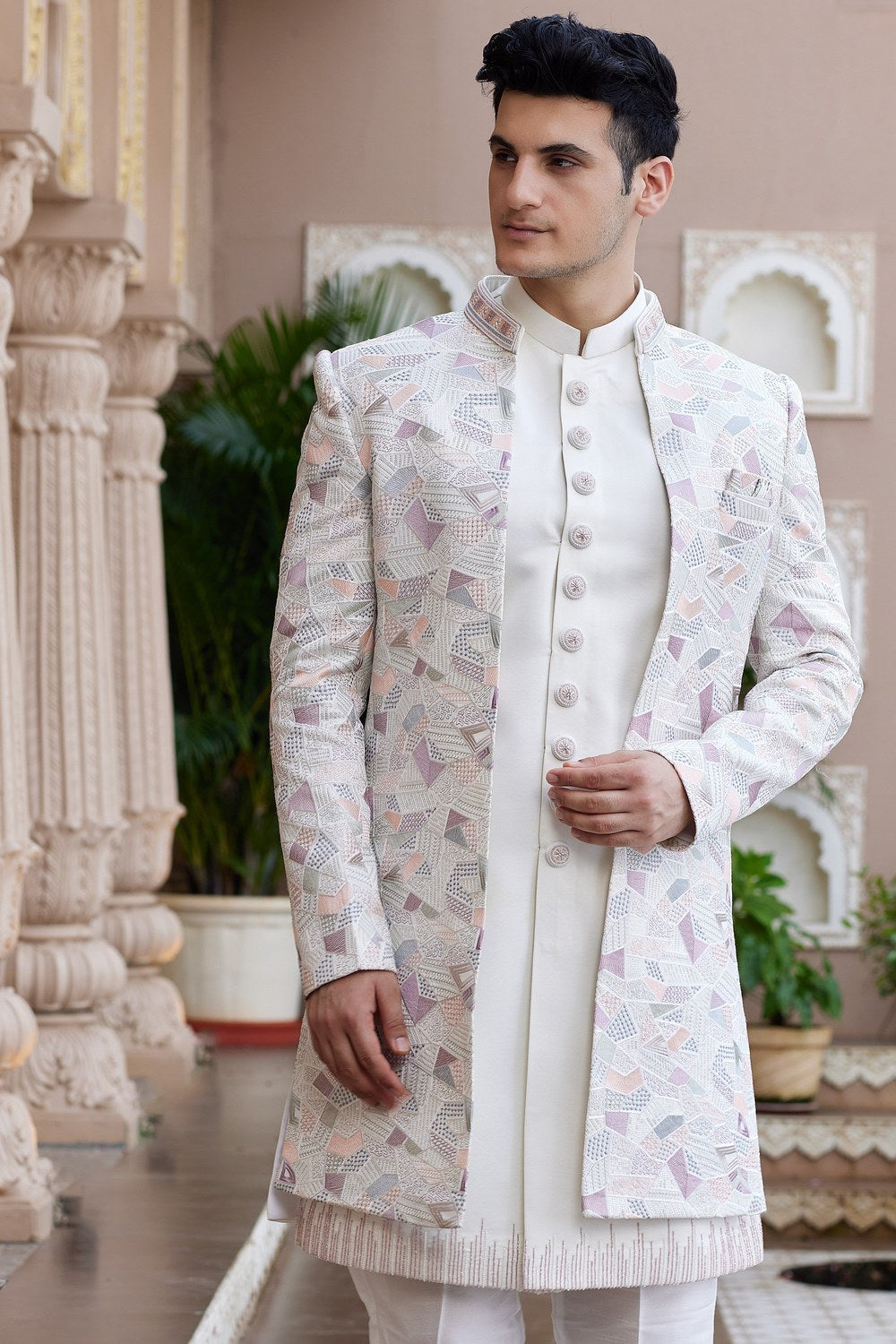 Cream Art Silk Indo Western Suit Long Kurta with Jacket, Pant & Dupatta for Men for Wedding - Thread Embroidery Work - close-up view