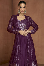 Dark Party Wear Dress: Georgette Choli with Palazzo & Jacket Suit in Sequin Work - close-up view