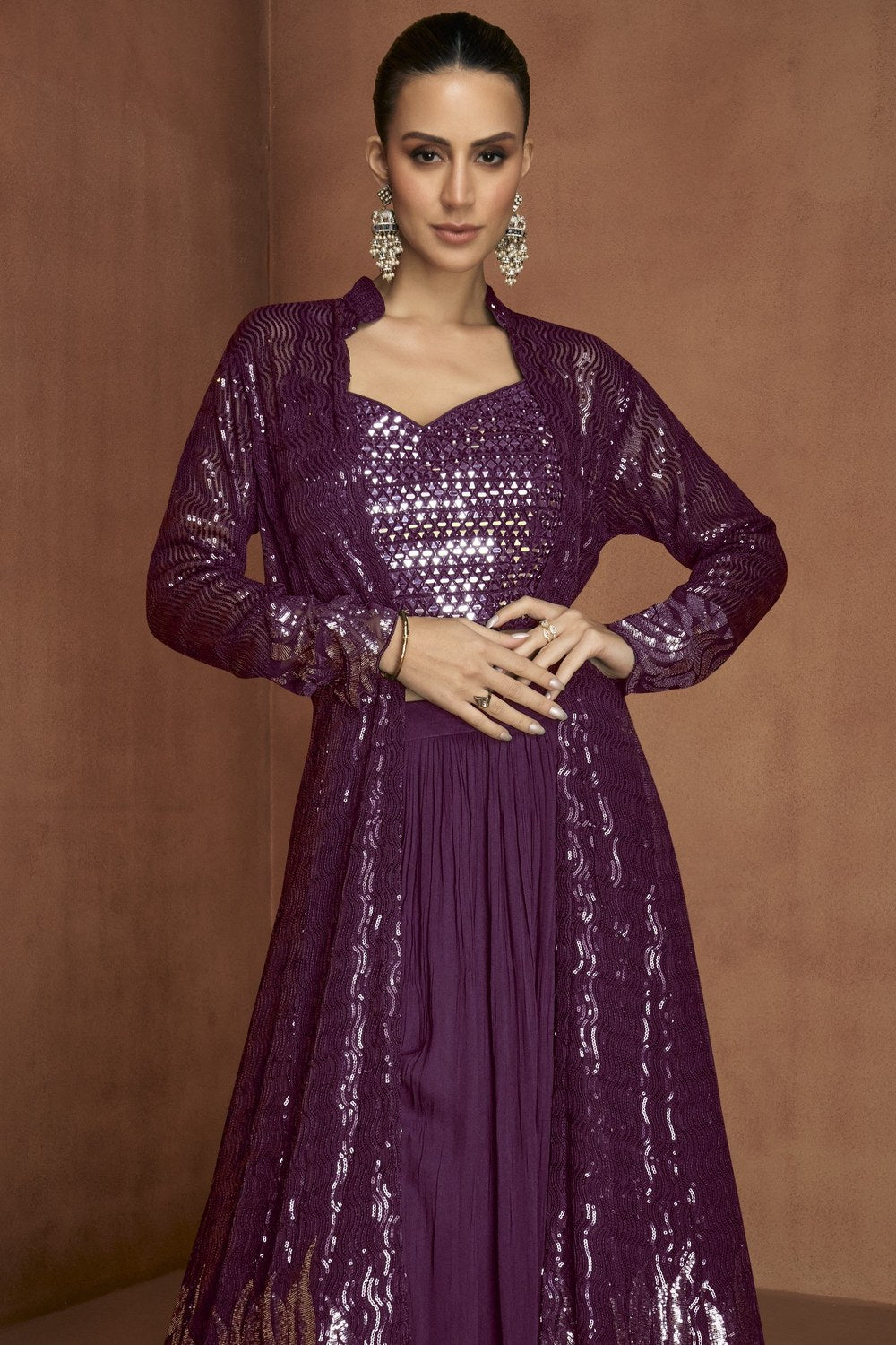 Dark Party Wear Dress: Georgette Choli with Palazzo & Jacket Suit in Sequin Work - close-up view