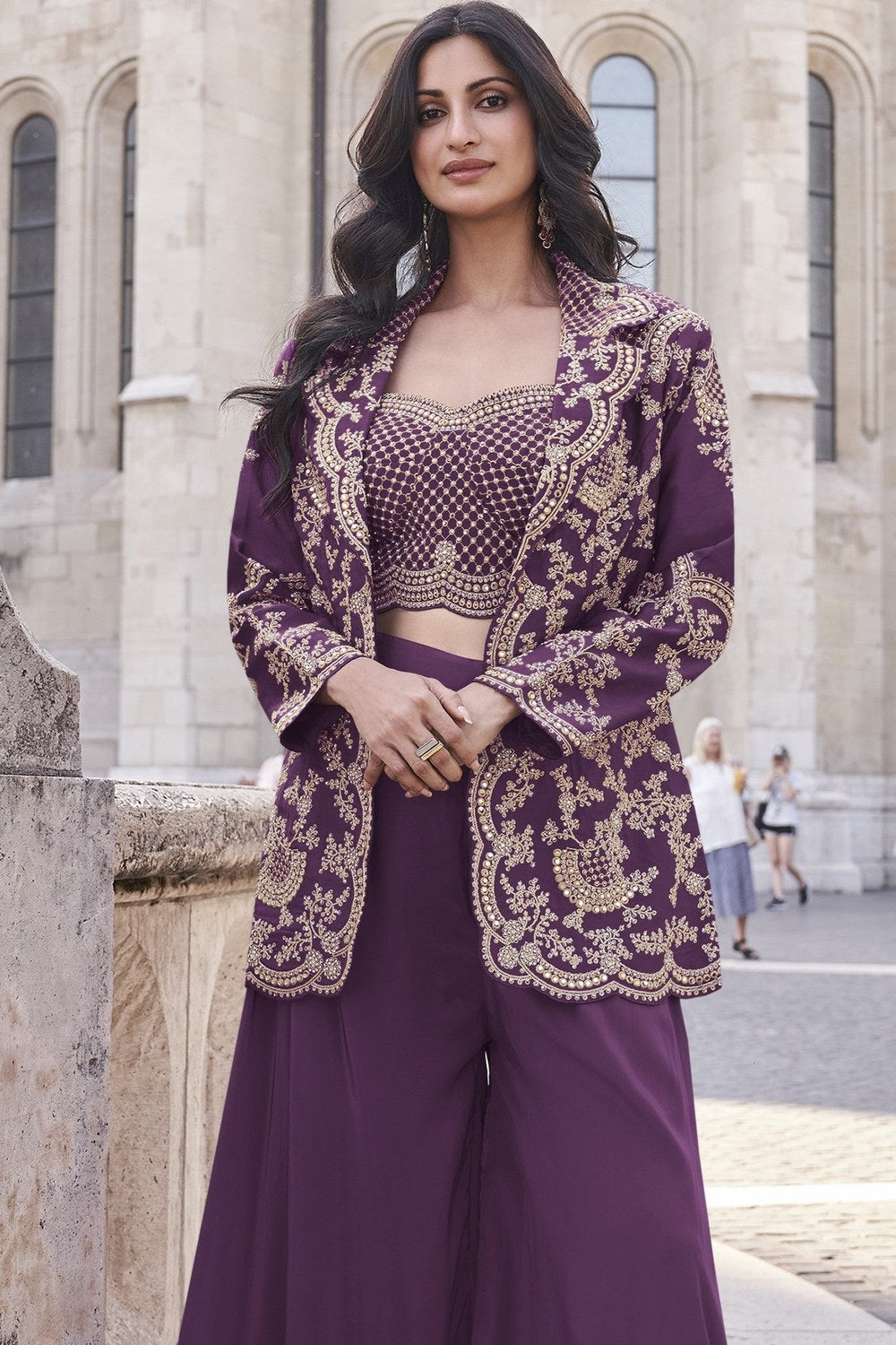 Dark Purple Chinon Silk Plazo Suit For Indian Weddings & Pakitani Festival - Embroidery Work - close-up view