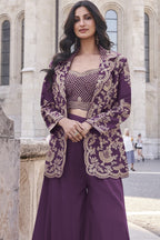 Dark Purple Chinon Silk Plazo Suit For Indian Weddings & Pakitani Festival - Embroidery Work - close-up view