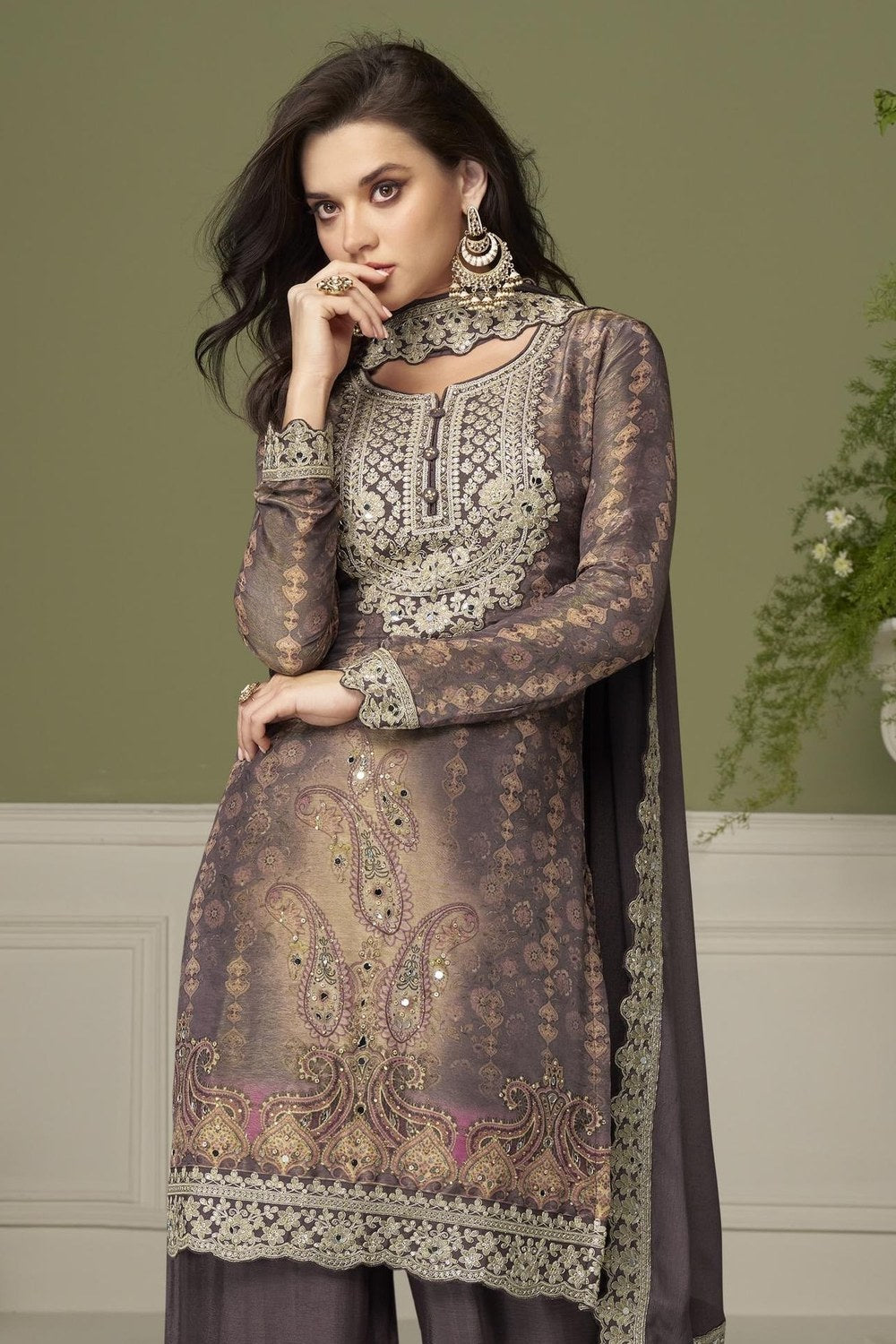 Brown Palazo Suit in Chinon Silk with Thread Sequins Embroidery & Print Work - close-up view