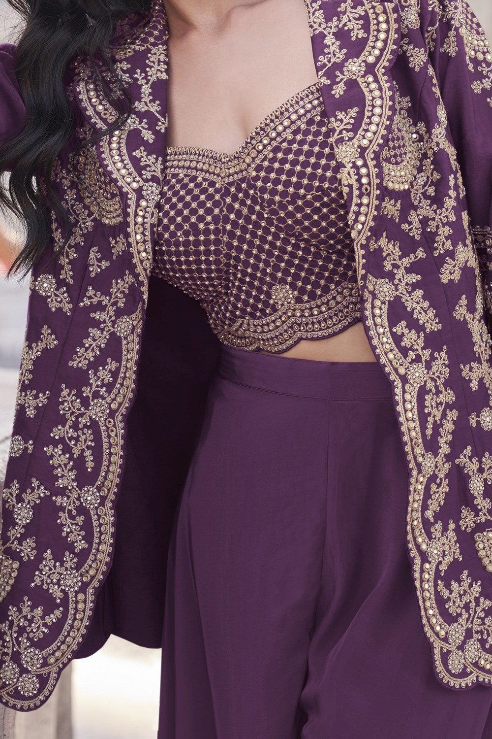 Dark Purple Chinon Silk Plazo Suit For Indian Weddings & Pakitani Festival - Embroidery Work - hem and footwear detail
