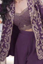 Dark Purple Chinon Silk Plazo Suit For Indian Weddings & Pakitani Festival - Embroidery Work - hem and footwear detail