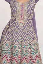 Purple Gray Chinon Silk Plazo Suit For Wedding & Festival - Embroidery Work - hem and footwear detail