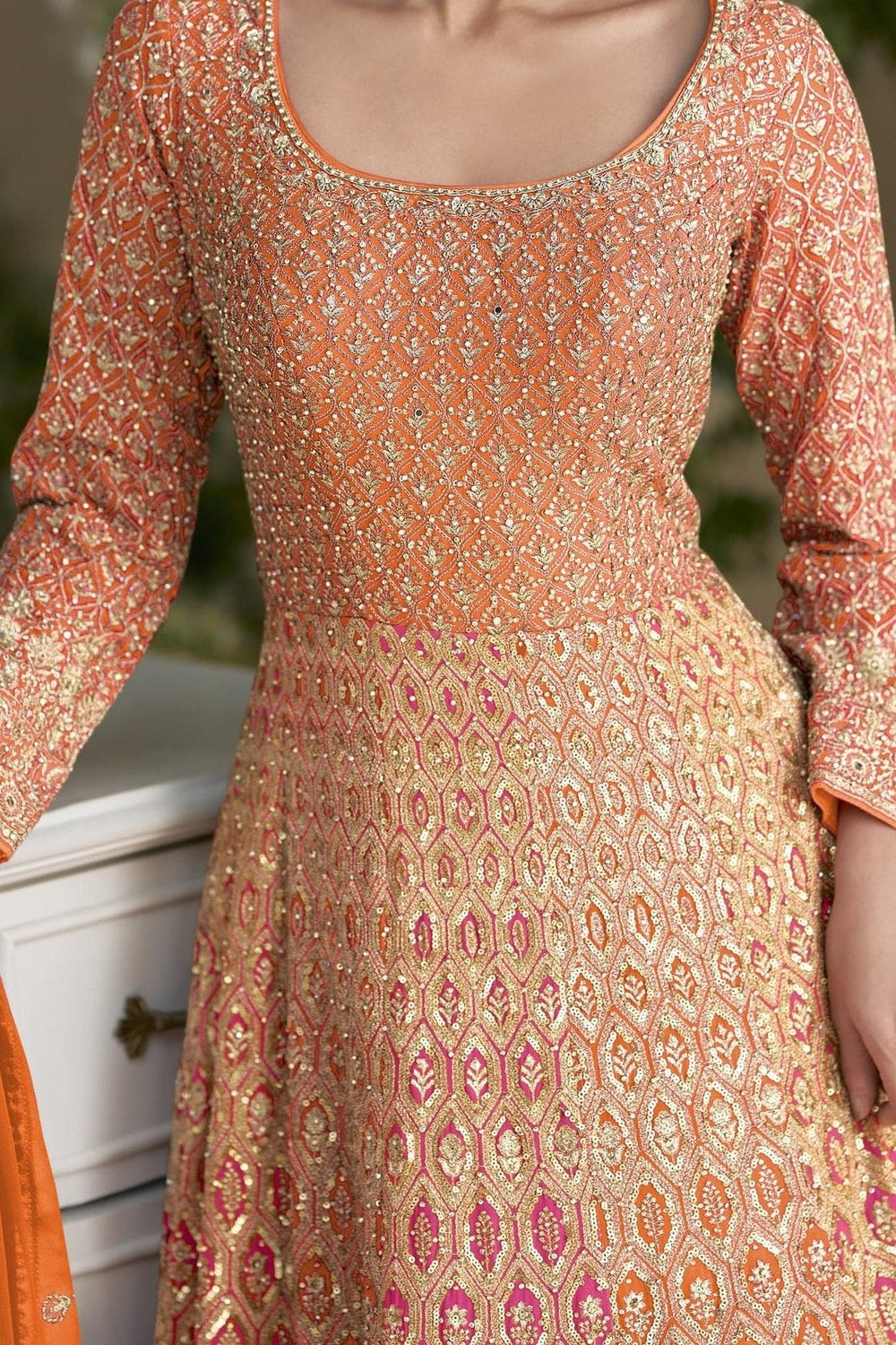 Orange Georgette Anarkali Suit For Indian & Pakistani Wedding Festival - Sequins & Thread Embroidery Work - hem and footwear detail