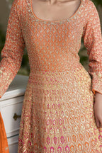 Orange Georgette Anarkali Suit For Indian & Pakistani Wedding Festival - Sequins & Thread Embroidery Work - hem and footwear detail