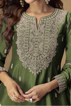 Olive Chinon Silk Palazo Pakistani Suits Online with Thread & Sequins Work - hem and footwear detail