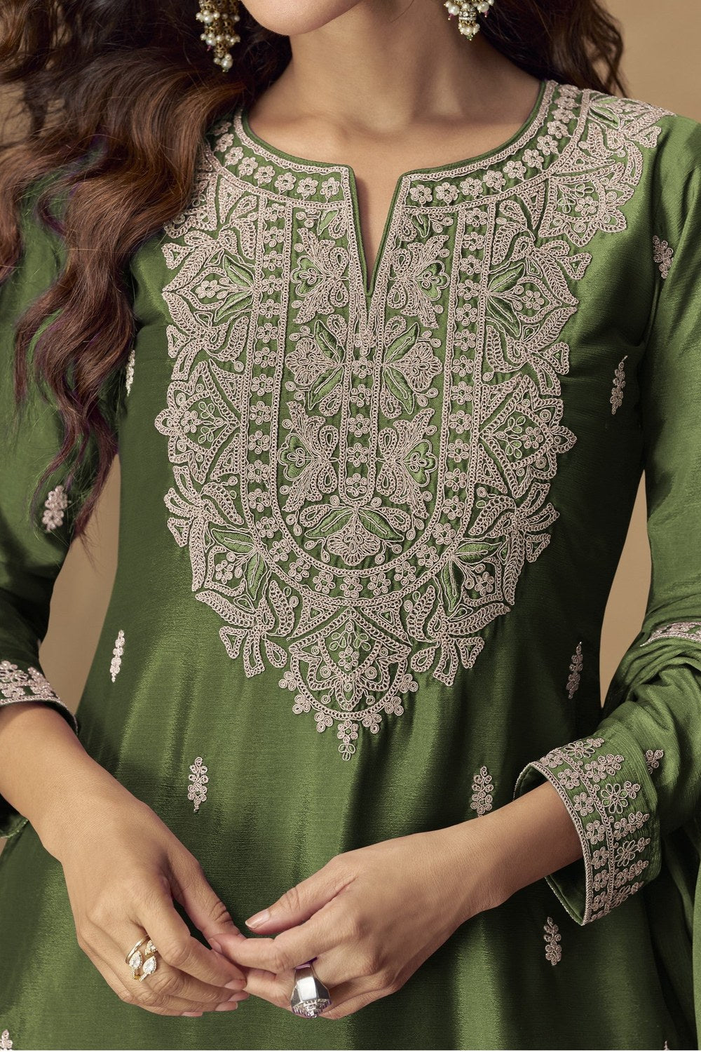 Olive Chinon Silk Palazo Pakistani Suits Online with Thread & Sequins Work - hem and footwear detail
