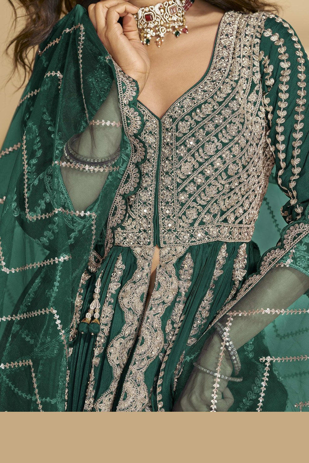 Dark Green Chinon Silk Front Slit Anarkali With Skirt Suit For Indian & Pakistani Wedding Festival - Sequins & Thread Embroidery Work, Dori Work - hem and footwear detail
