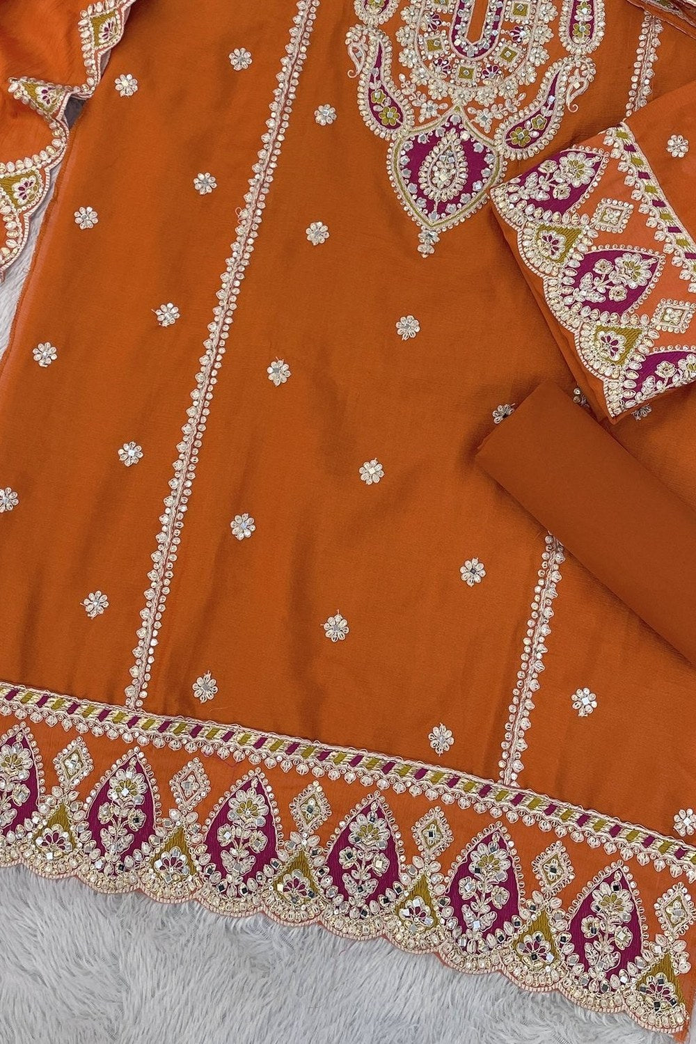 Orange Chinon Silk Kameez With Palazzo Suit For Indian & Pakistani Wedding Festival - Thread & Sequence Embroidery - hem and footwear detail