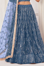 Steel Blue Net Embroidered Lehenga Choli For Indian Festival & Weddings - Embroidery Work - hem and footwear detail