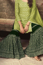 Pista Georgette Pakistani Sharara Suit for Wedding Henna Ceremony  - Embroidery Work - hem and footwear detail