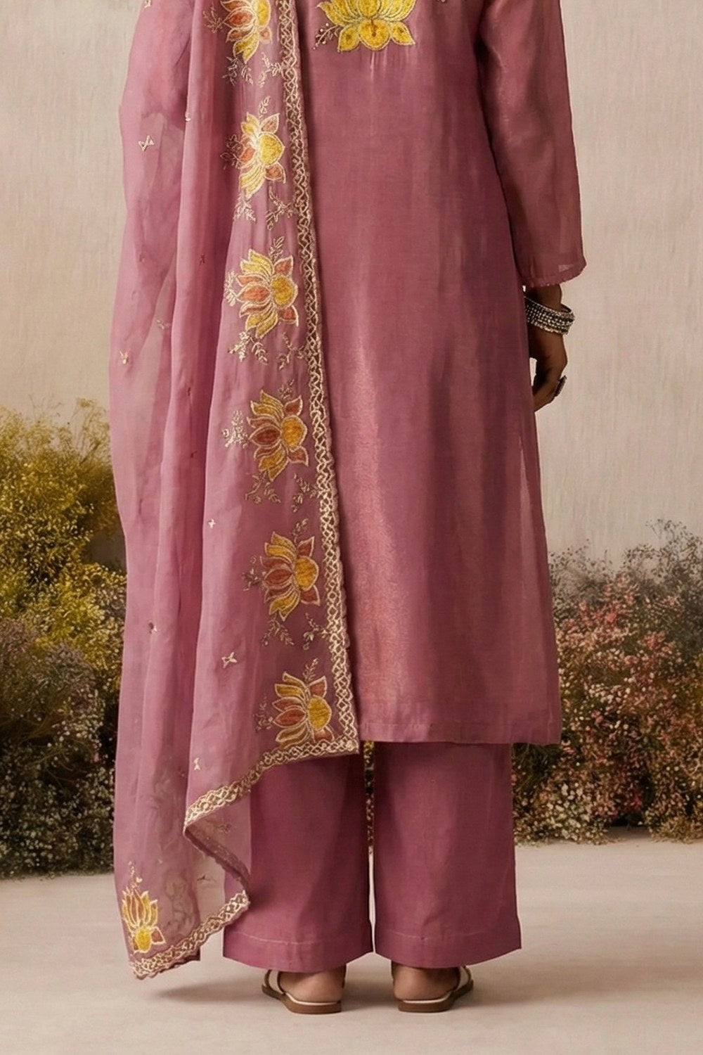 Pink Embroidered Pakistani Dress in Shimmer Silk with Sequin Work - hem and footwear detail