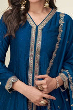 Teal Chinon Silk Designer Anarkali Suits with Thread & Sequins Embroidery - hem and footwear detail