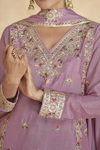 Pink Chinon Silk Kameez with Plazo for Women Festive Wear - Embroidery Work - hem and footwear detail