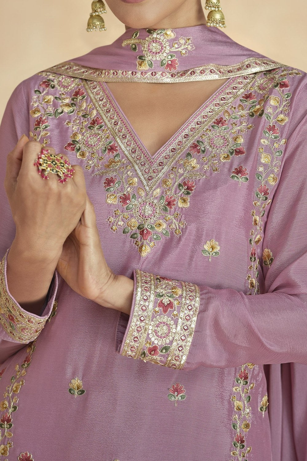 Pink Chinon Silk Kameez with Plazo for Women Festive Wear - Embroidery Work - hem and footwear detail