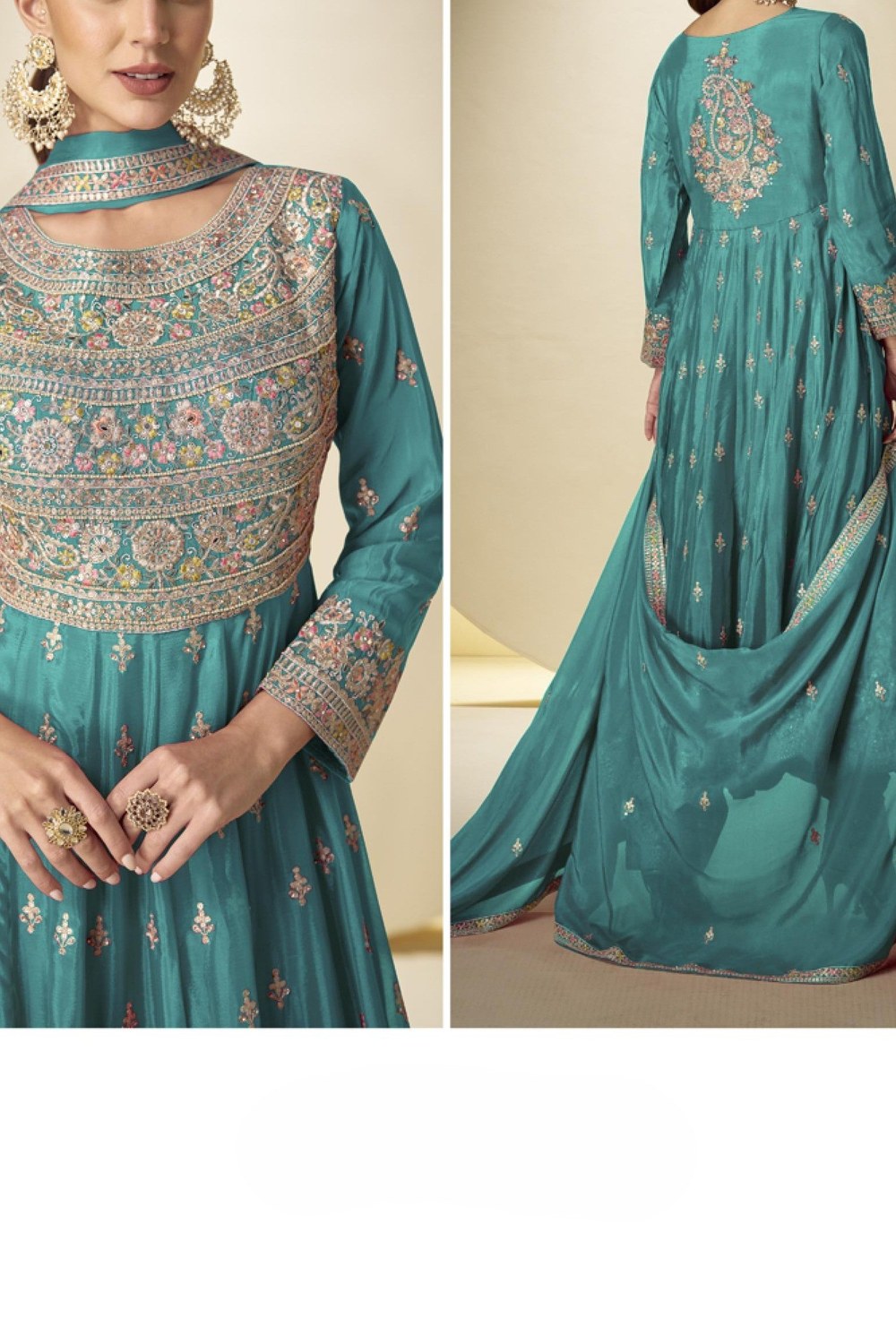 Teal Chinon Silk Kameez With Pant For Indian & Pakistani Wedding Festival - Sequins & Thread Embroidery Work - hem and footwear detail