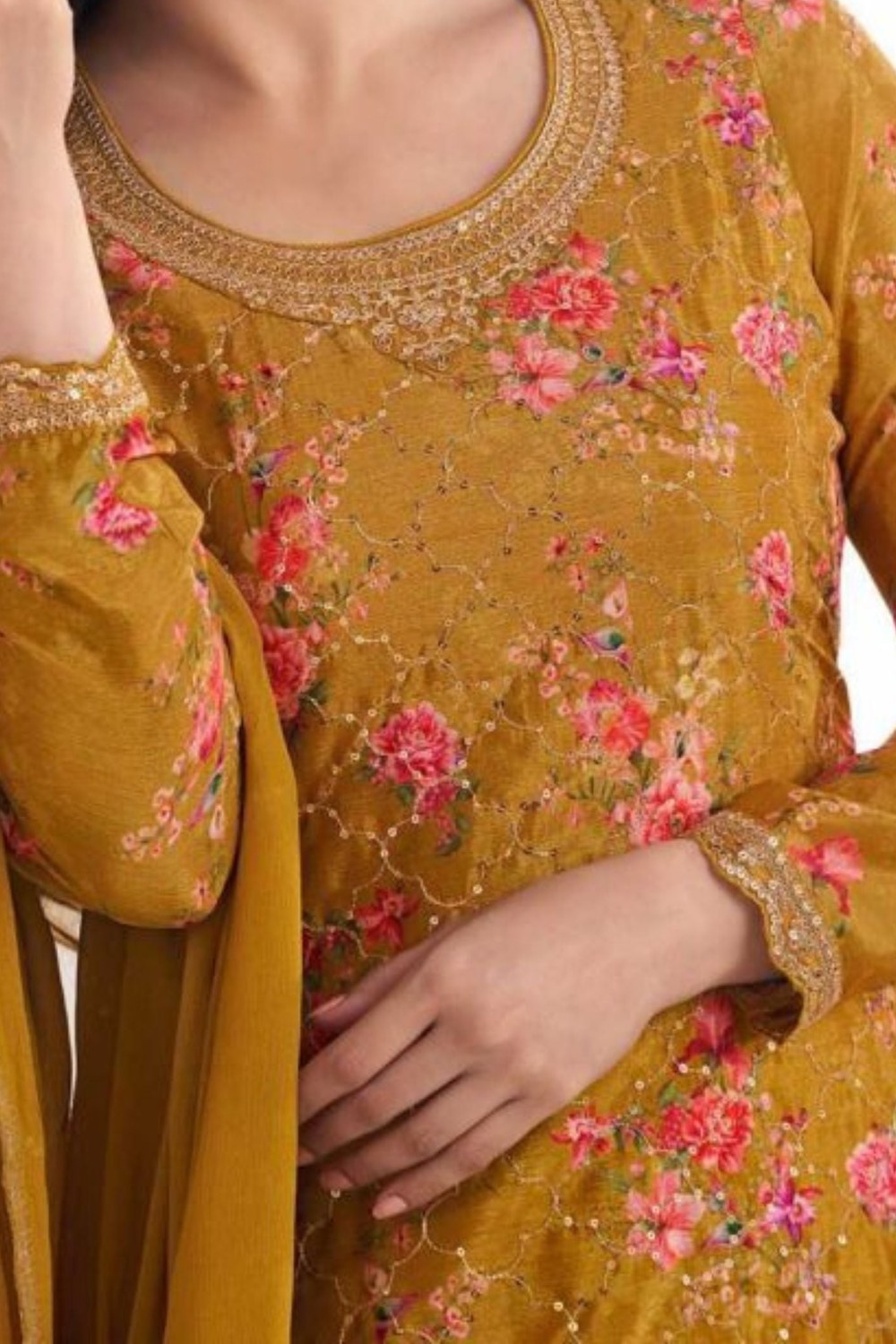 Mustard Chinon Silk Floral Plazo Suit For Indian Festivals & Pakistani Weddings Dress - Embroidery Work, Print Work - hem and footwear detail