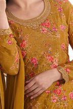 Mustard Chinon Silk Floral Plazo Suit For Indian Festivals & Pakistani Weddings Dress - Embroidery Work, Print Work - hem and footwear detail
