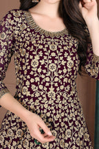 Plum Georgette Thread Work Anarkali Dresses for an Indian Wedding Guest - hem and footwear detail