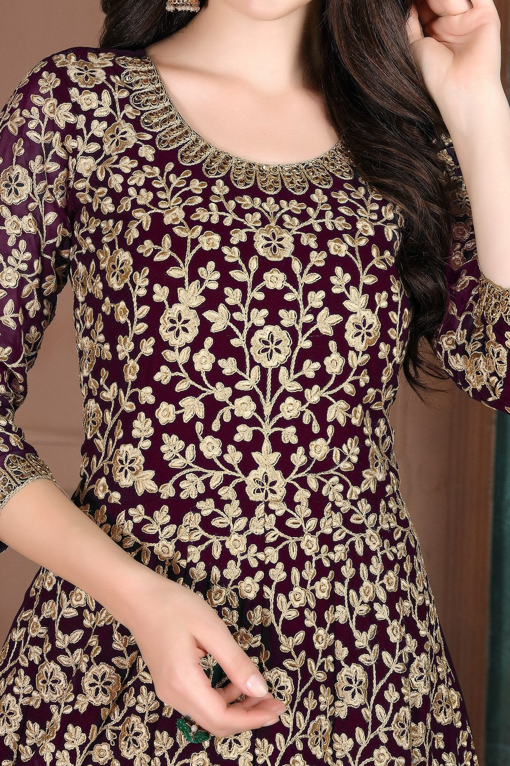 Plum Georgette Thread Work Anarkali Dresses for an Indian Wedding Guest - hem and footwear detail