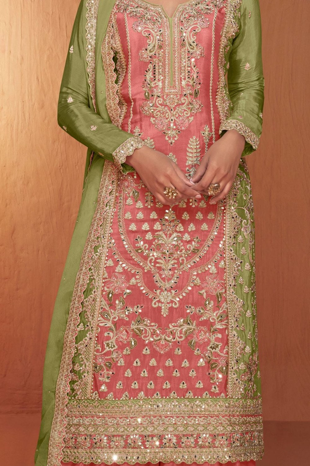 Pink Chinon Traditional Plazo Suits For Pakistani Festivals & Indian Wedding - Embroidery Work - detail view