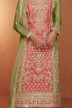 Pink Chinon Traditional Plazo Suits For Pakistani Festivals & Indian Wedding - Embroidery Work - detail view