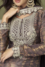 Brown Palazo Suit in Chinon Silk with Thread Sequins Embroidery & Print Work - hem and footwear detail