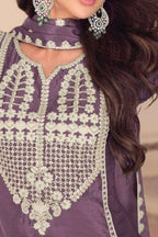 Purple Chinon Silk Sharara Suit For Indian & Pakistani Wedding Festival - Embroidery Work, Khatli Work - hem and footwear detail