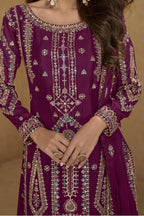 Wine Chinon Silk Long Kameez with Plazo in Sequin & Thread Work - hem and footwear detail