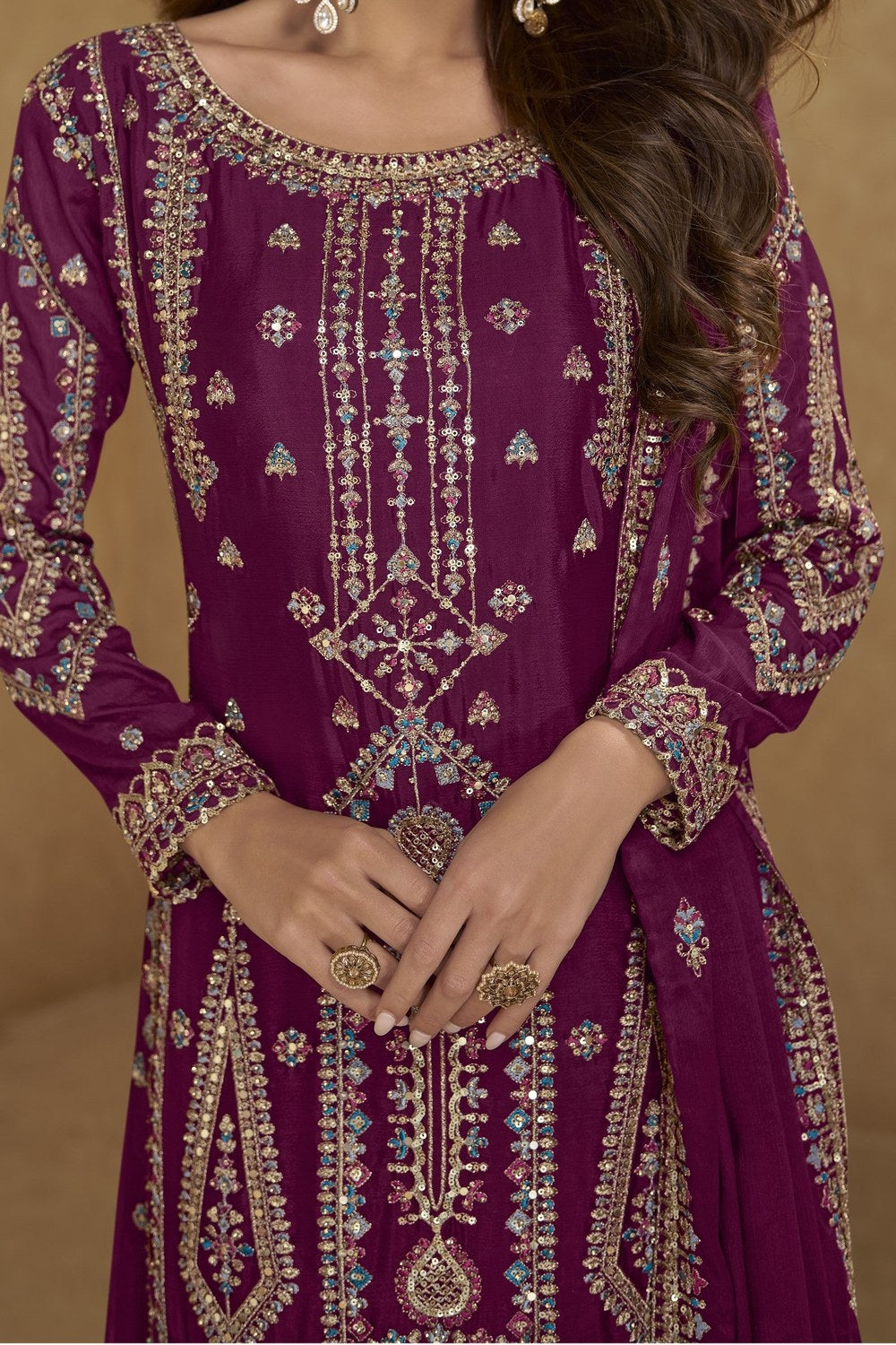 Wine Chinon Silk Long Kameez with Plazo in Sequin & Thread Work - hem and footwear detail