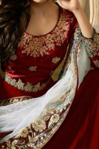 Red Georgette Anarkali Suits Indian Dresses For Marriage - Embroidery Work - hem and footwear detail