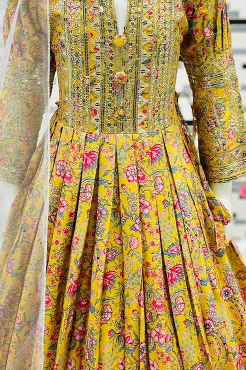 Yellow Chinon Silk Kids Wear Girls Flower Printed Gown with Dupatta Suit for Kids for Festivals & Wedding - Sequence Embroidery Work, Print Work - hem and footwear detail