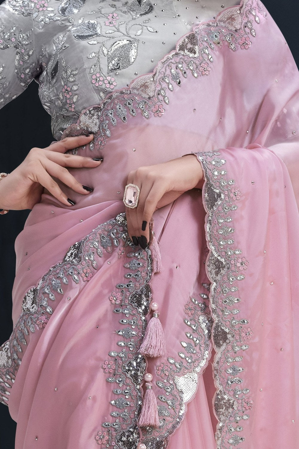 Baby Pink Crepe Satin Silk Indian Wedding Saree with Blouse - Stone Work, Sequence Embroidery Work, Dori Work - hem and footwear detail